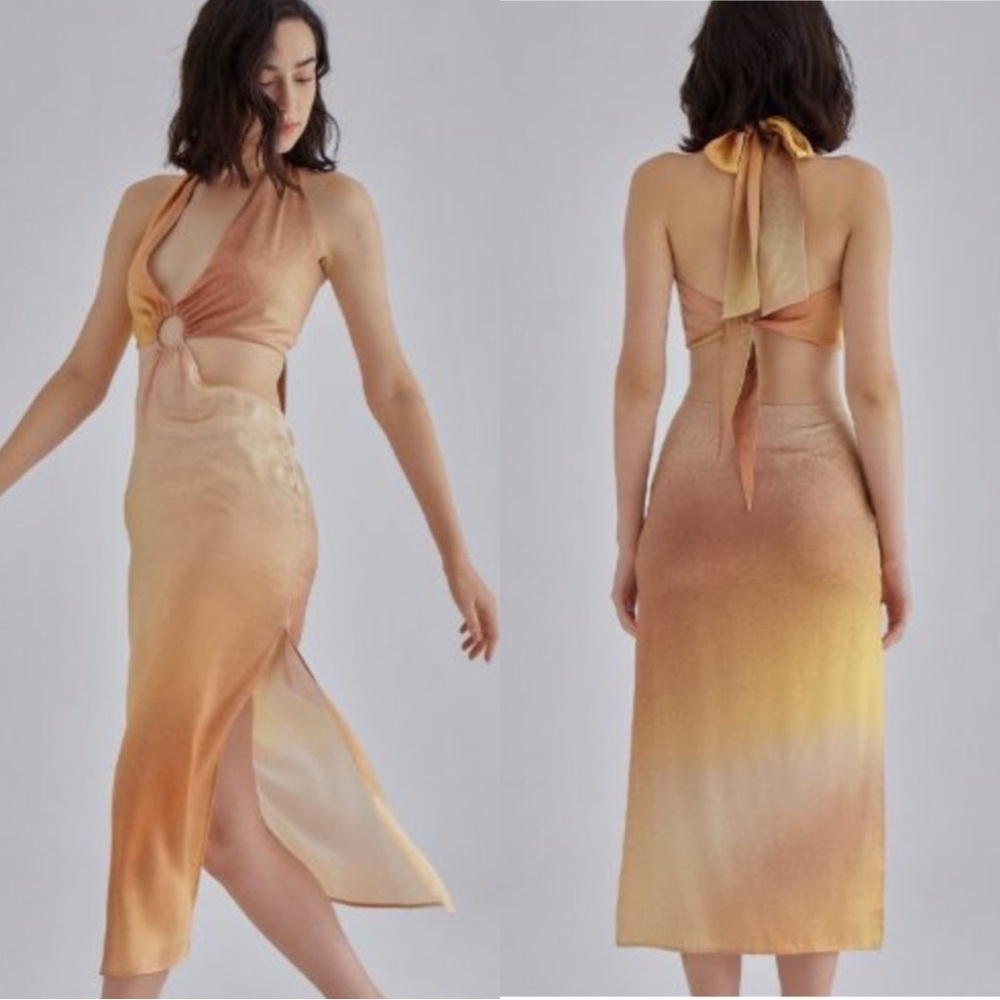 SILK MAISON Silk Gradient Halter Cut Out Slit Midi Dress
